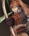  1boy arrow black_background bow_(weapon) fire_emblem fire_emblem_if gloves grey_hair highres long_hair maekakekamen open_mouth orange_eyes ponytail simple_background solo takumi_(fire_emblem_if) weapon 