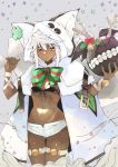  1girl bana_(stand_flower) black_bra bra breasts brown_eyes cape christmas clover dark_skin four-leaf_clover grey_hair guilty_gear guilty_gear_xrd hat heart-shaped_boob_challenge highres medium_breasts panties ramlethal_valentine santa_costume signature solo thigh_strap under_boob underwear white_panties 