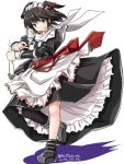  alternate_costume apron black_dress black_legwear brown_eyes brown_hair daikon dress enmaided hair_ornament kantai_collection maid remodel_(kantai_collection) sash scarf sendai_(kantai_collection) single_thighhigh tatsumi_rei thigh-highs torpedo turret two_side_up white_scarf 