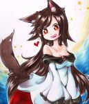  1girl animal_ears blush_stickers breasts brooch brown_hair cleavage collarbone dress heart hiwana_(nagare_hibana) imaizumi_kagerou jewelry long_sleeves looking_at_viewer marker_(medium) off_shoulder open_mouth red_eyes solo tail touhou traditional_media wide_sleeves wolf_ears wolf_tail 