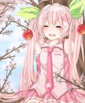  1girl blush cherry cherry_blossoms closed_eyes food fruit hatsune_miku highres long_hair necktie pink_hair raurau0507 sakura_miku skirt smile solo very_long_hair vocaloid 