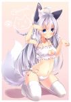  1girl ahoge animal_ears armpits arms_up bell blue_eyes blush bra braid breasts cat_lingerie cat_panties cat_print choker cleavage dog_ears jingle_bell kneeling long_hair navel open_mouth original panties paw_pose print_panties side-tie_panties silver_hair solo tail thigh-highs underwear very_long_hair 