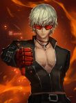  1boy biker_clothes cross dark_skin fingerless_gloves fire gloves highres jacket jewelry k&#039; male_focus necklace red_gloves short_hair snk solo sunglasses the_king_of_fighters white_hair xiaoguimist 