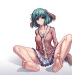  1girl animal_ears bangs barefoot collarbone dress eyebrows green_eyes green_hair hater_(artist) highres kasodani_kyouko looking_at_viewer short_hair simple_background sitting solo spread_legs tail touhou white_background 