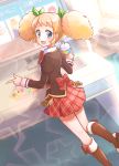  1girl aikatsu! blonde_hair blue_eyes blush boots bow cup hair_bow long_hair looking_at_viewer looking_back open_mouth quro_(black_river) saegusa_kii skirt smile solo straw twintails 