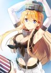  1girl blonde_hair blue_eyes breasts cleavage gloves iowa_(kantai_collection) kantai_collection large_breasts long_hair miniskirt shovelwall skirt smile solo symbol-shaped_pupils 