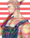  1boy bandana billy_kane blonde_hair blue_eyes denim fatal_fury fingerless_gloves flag flag_print gloves jeans male_focus muscle pants profile short_hair snk solo staff striped striped_background the_king_of_fighters yk 