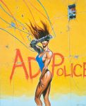  1girl 90s a.d._police_files artist_name cable copyright_name covered_nipples cyborg eyeball highres jeena_malso oldschool one-piece_swimsuit realistic solo swimsuit toned tony_takezaki traditional_media wire 