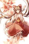  1girl bow brown_eyes brown_hair cherry_blossoms detached_sleeves dress hair_bow hair_tubes hakurei_reimu long_hair long_sleeves looking_at_viewer red_dress silence_girl smile solo touhou twig very_long_hair wide_sleeves 