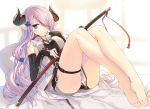  1girl bare_legs barefoot blue_eyes bridal_gauntlets demon_girl demon_horn granblue_fantasy hair_over_one_eye katana lavender_hair long_hair looking_at_viewer narumeia_(granblue_fantasy) pointy_ears shirt sitting smile solo sword t-ray thigh_strap very_long_hair weapon 