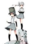  absurdres arare_(kantai_collection) arm_warmers bangs black_hair blouse blunt_bangs bow brown_eyes clenched_hands crossed_arms frown grey_hair hair_bow hair_ornament hat highres kantai_collection kasumi_(kantai_collection) kneehighs looking_at_viewer ooyama_imo rock school_uniform short_hair side_ponytail sidelocks suspenders wind wind_lift 