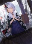  1girl closed_eyes flower hair_flower hair_ornament japanese_clothes konpaku_youmu lip-mil oriental_umbrella praying short_hair silver_hair smile snow solo torii touhou umbrella wide_sleeves 