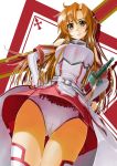  1girl asuna_(sao) azarashing_day bare_shoulders breastplate brown_eyes brown_hair detached_sleeves female hands_on_hips long_hair looking_at_viewer panties rapier sweatdrop sword sword_art_online underwear upskirt weapon white_panties 