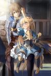  1boy 1girl armor armored_boots blonde_hair blue_eyes blush boots breastplate brown_eyes brown_hair crown elf eye_contact frilled_skirt frills gauntlets hirame_sa long_hair looking_at_another open_mouth outdoors pointy_ears porch puffy_sleeves skirt table very_long_hair 