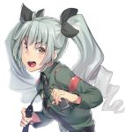  1girl anchovy belt brown_eyes drill_hair girls_und_panzer h_kasei hair_ribbon long_hair long_sleeves military military_uniform open_mouth ribbon riding_crop silver_hair solo twin_drills twintails uniform upper_body 