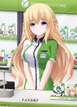  1girl blonde_hair blue_eyes blush brand_name_imitation breasts cover employee_uniform game_cover keenh large_breasts long_hair looking_at_viewer name_tag neptune_(series) smile uniform vert video_game 