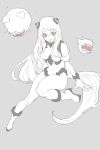  1girl absurdly_long_hair airfield_hime artist_request bare_shoulders boots collar commentary_request enemy_aircraft_(kantai_collection) horns kantai_collection knee_up leotard long_hair monochrome red_eyes shinkaisei-kan sitting smile teeth very_long_hair white_hair white_skin 
