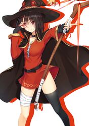  1girl bandaged_leg bandages belt black_hair black_legwear blush cape collar dress fingerless_gloves gloves glowing hat karakura kono_subarashii_sekai_ni_shukufuku_wo! lens_flare looking_at_viewer magic megumin red_eyes short_hair single_thighhigh smile solo staff thigh-highs witch_hat 