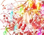  1girl blonde_hair bloomers crystal flandre_scarlet flower full_body glowing hat hat_ribbon laevatein mary_janes mob_cap open_mouth petals puffy_sleeves razuberii red_eyes red_rose ribbon rose shirt shoes short_sleeves side_ponytail skirt skirt_set socks solo touhou underwear vest white_background white_legwear wings 