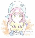  1girl beret blush commentary_request creature dated digimon digimon_linkz gloves green_eyes hat holding kurihara_hina microphone nyaromon pink_hair red_eyes smile t-okada traditional_media white_gloves 