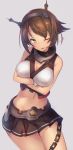  1girl bare_shoulders blush breasts brown_hair chain cleavage crossed_arms headgear heart highres kantai_collection looking_at_viewer metindone midriff miniskirt mutsu_(kantai_collection) navel one_eye_closed open_mouth pleated_skirt short_hair simple_background skirt sleeveless solo yellow_eyes 