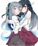  /\/\/\ 2girls absurdres ass assisted_exposure black_hair fang grey_hair hayashimo_(kantai_collection) highres kantai_collection kiyoshimo_(kantai_collection) long_hair long_sleeves multiple_girls nebu_soku open_mouth panties panties_under_pantyhose pantyhose skirt skirt_lift tears underwear v 