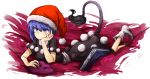  1girl black_dress blob blue_eyes blue_hair book boots breasts doremy_sweet dress hand_on_own_cheek hat kan_(aaaaari35) looking_at_viewer lying multicolored_dress nightcap on_stomach pom_pom_(clothes) short_hair short_sleeves smile solo tail touhou white_boots white_dress 