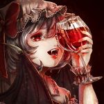  1girl alcohol ascot bat_wings blue_hair brooch cup drinking_glass fangs hat hat_ribbon jewelry mob_cap mokoiscat red_eyes remilia_scarlet ribbon solo touhou wine wine_glass wings 