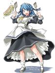  1girl alternate_costume apron blue_eyes blue_hair double_bun dress enmaided food kantai_collection maid maid_apron maid_headdress omelet open_mouth smile solo spatula tatsumi_rei urakaze_(kantai_collection) 