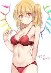  1girl armpits arms_behind_back bare_arms bare_shoulders blonde_hair bow bow_bra bra breasts cleavage collarbone cowboy_shot crystal demon_wings flandre_scarlet hair_between_eyes head_tilt highres lace-trimmed_bra looking_at_viewer midriff navel panties red_bow red_bra red_eyes red_panties rinaka_moruchi short_hair side_ponytail simple_background smile solo standing star star-shaped_pupils stomach symbol-shaped_pupils tareme touhou underwear underwear_only white_background wings 
