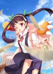  1girl absurdres artist_request backpack bag bird black_hair blush fang hachikuji_mayoi hairband highres long_hair monogatari_(series) motion_blur one_eye_closed panties pantyshot red_eyes school_uniform solo twintails underwear 