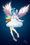  1girl angel angel_wings artist_request bare_shoulders black_hair blue_eyes book dress feathered_wings halo short_hair smile solo white_wings wings 