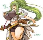  1girl :d armor armored_boots belt boots breasts covered_nipples green_hair large_breasts long_hair midriff navel open_mouth orange_eyes original ponytail sachito sheath sheathed shorts smile solo sword teeth weapon 