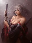  1girl absurdres bare_shoulders breasts brown_eyes ceasar_ian_muyuela cleavage collarbone fingernails grey_hair highres holding_sword holding_weapon japanese_clothes katana large_breasts light long_hair original petals sharp_fingernails sheath signature solo sword unsheathing weapon 
