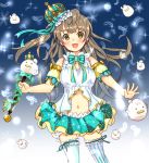  1girl bird blush bow bowtie brown_hair crown feathers idol long_hair love_live!_school_idol_project minami_kotori mtr_333 navel open_mouth solo sparkle wand yellow_eyes 
