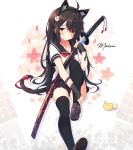  1girl ahoge animal animal_ears ass bandaged_hands bandages black_hair black_legwear black_sailor_collar black_skirt brown_footwear cat_ears cat_girl cat_tail character_name cherry_blossoms chiri_(atlanta) commentary_request hairband holding holding_sword holding_weapon katana loafers long_hair looking_at_viewer meina_(atlanta) miniskirt original pleated_skirt ribbon sailor_collar school_uniform serafuku sheath sheathed shirt shoes short_sleeves sitting skirt smile solo sword tail tail_ribbon thigh-highs very_long_hair weapon white_shirt yellow_eyes 