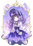 1girl bonnet bow commentary_request compass curly_hair dress flower frame hat hat_bow hat_flower highres lolita_fashion long_sleeves looking_at_viewer original purple_hair shiori_(xxxsi) smile solo underbust unicorn violet_eyes wand 