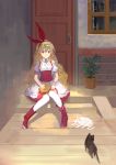  1girl absurdres apron ascot blonde_hair blue_eyes book boots cat door dress ellen full_body hairband highres lamase_(41) long_hair looking_at_viewer open_book outdoors puffy_sleeves short_sleeves sitting smile sokrates_(touhou) stairs touhou touhou_(pc-98) waist_apron wrist_cuffs 