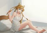  1girl abukuma_(kantai_collection) bare_shoulders barefoot bed bigrbear blonde_hair blue_eyes collarbone dress feet kantai_collection legs long_hair on_bed open_mouth pillow sitting sleeveless sleeveless_dress soles solo toes twintails white_dress window 