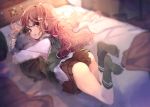  1girl ass bed brown_eyes brown_hair hair_ornament hairclip legs_up long_hair long_sleeves looking_at_viewer looking_back lying on_bed on_stomach original pillow pillow_hug shirt skirt solo ukyo_rst very_long_hair vest 