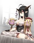  1girl antenna_hair bandaged_arm bandages bed black_gloves black_hair blush breasts cleavage crescent danua dress fingerless_gloves gloves granblue_fantasy hair_between_eyes horn_ornament horns jewelry kamata_yuuya large_breasts long_hair looking_at_viewer necklace pointy_ears red_eyes sitting solo stuffed_toy wariza white_dress 