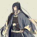  1boy black_hair bow bridal_gauntlets cosplay hair_bow haori honegai japanese_clothes katana male_focus nail_polish ponytail scarf shinsengumi sword tarou_tachi touken_ranbu weapon yamato-no-kami_yasusada yamato-no-kami_yasusada_(cosplay) yellow_eyes 