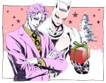  1boy border box christmas_tree crossed_arms crosshatching formal gift gift_box graphite_(medium) highres holding house jojo_no_kimyou_na_bouken killer_queen kira_yoshikage male_focus mixed_media necktie nobita outside_border pink_eyes pink_hair shirt smile stand_(jojo) star striped striped_shirt suit traditional_media upper_body 