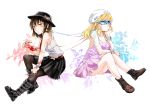  2girls adapted_costume alternate_costume bespectacled black_legwear boots bow bracelet breasts cleavage glasses hat hat_bow heart_tattoo jewelry kikuichi_monji knees_up looking_at_viewer maribel_hearn mob_cap multiple_girls necktie pantyhose sitting sleeveless tattoo touhou usami_renko 