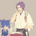  2boys blue_eyes blue_hair blush_stickers bow hair_bow honegai japanese_clothes kasen_kanesada ladle male_focus multiple_boys pot purple_hair sayo_samonji smile sparkle steam touken_ranbu 