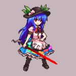 1girl black_hat blue_hair blue_skirt boots bow bowtie brown_background brown_boots buttons coat food frilled_skirt frills fruit full_body hand_on_hip hat hinanawi_tenshi holding_sword holding_weapon knee_boots leaf long_hair long_skirt lowres peach pixel_art puffy_short_sleeves puffy_sleeves rainbow_order red_bow red_bowtie red_eyes samezuma_jouji short_sleeves simple_background skirt smile solo standing sword sword_of_hisou touhou very_long_hair weapon 