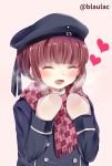  1girl breath brown_hair closed_eyes clothes_writing dress hat heart highres kantai_collection long_sleeves masakazu_(coccinellee) mittens open_mouth sailor_collar sailor_dress sailor_hat scarf short_hair smile solo twitter_username z3_max_schultz_(kantai_collection) 