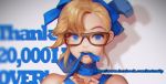  bare_shoulders blonde_hair blue_eyes blurry depth_of_field hair_ribbon hits instant_ip long_hair looking_at_viewer mouth_hold naked_ribbon ribbon ribbon_in_mouth short_hair smile watermark web_address 