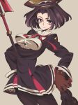  1girl adjusting_clothes adjusting_shoe belt bow glaive gloves highres kantai_collection leather_gloves looking_at_viewer maikeru_(dk_maikel) pantyhose pleated_skirt purple_hair school_uniform short_hair skirt smile solo tatsuta_(kantai_collection) violet_eyes weapon 
