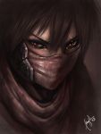  1boy absurdres brown_hair ceasar_ian_muyuela covered_mouth face highres male_focus mask red_eyes red_scarf scarf signature solo strider_(video_game) strider_hiryuu 